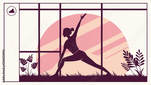 Silhouette of a woman practicing yoga by a window with a sunset view health wellness fitness exercise yoga pose home workout mindfulness meditation serenity peace tranquility healthy.