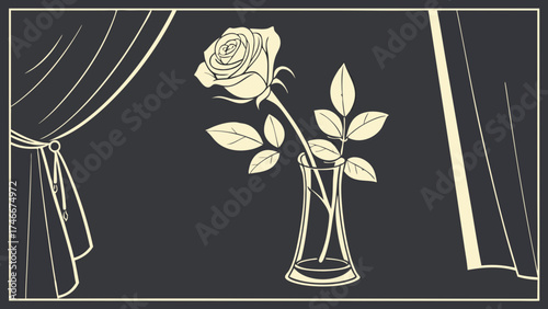 Single Rose in Vase Minimalist Design Dark Background Elegant Floral Art Curtained Window Setting.