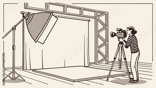 Studio filming person operating camera on tripod film set lighting equipment backdrop illustration vector graphic design production movie making video recording filmmaking movie produ.