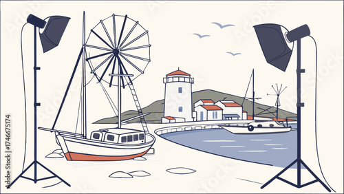 Studio Photography Scene Boats Windmill and Lighthouse Illustration.