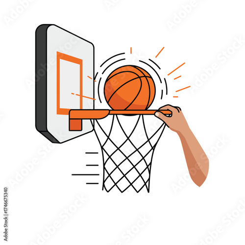A dynamic illustration of a hand powerfully executing a slam dunk with a basketball into a hoop, symbolizing athletic achievement and competitive spirit.