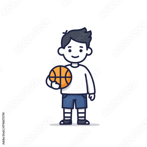 A cheerful cartoon boy stands confidently, holding a basketball ready for play, embodying youthful energy and a love for sports.
