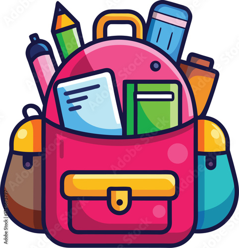 Colorful Cartoon Backpack with School Supplies – Vector Education Icon