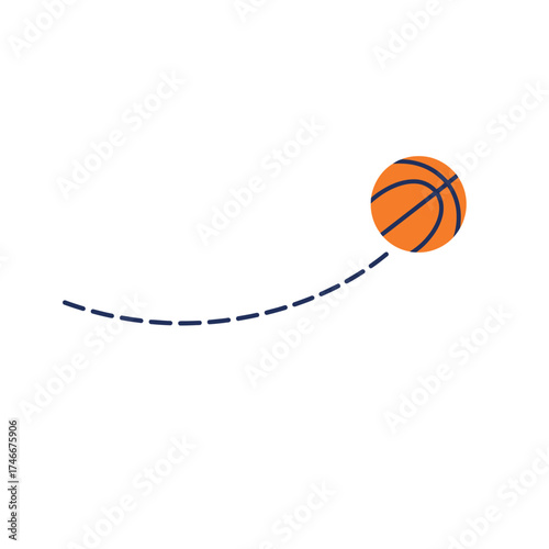 A vibrant orange basketball is depicted in mid-air, following a dynamic dashed blue trajectory against a clean white background, symbolizing movement and sport.