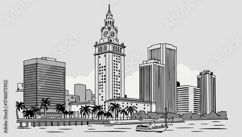 Stylized Cityscape Illustration Modern Buildings Waterfront Palm Trees Boat Black and White Sketch.
