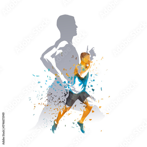 Run, athletics, collage of running men, marathon runners, low polygonal isolated vector drawing, side view