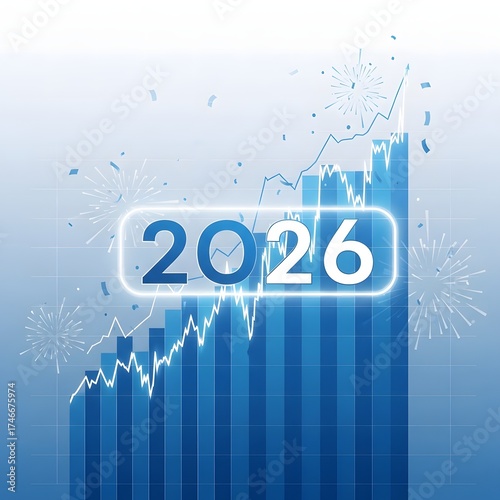 The year 2026 is displayed on a glowing neon sign against a backdrop of a rising bar graph and stock market chart