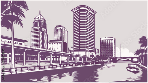Stylized Cityscape Illustration Waterfront View with Skyscrapers and Palm Trees.