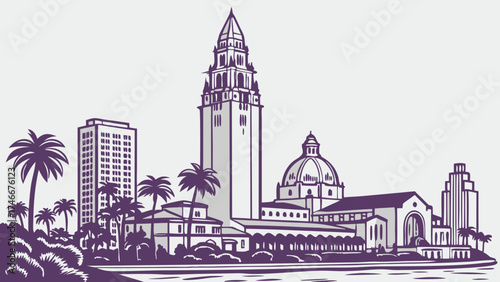 Stylized illustration of a city skyline with a tall tower dome building and palm trees.