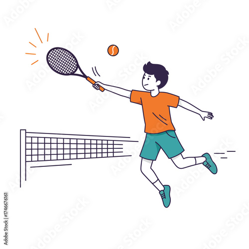 A young boy energetically leaps to hit a tennis ball over the net with his racket, illustrating active youth and healthy lifestyle.