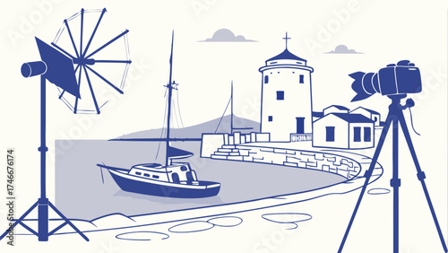 Stylized illustration of a coastal scene with photography equipment.