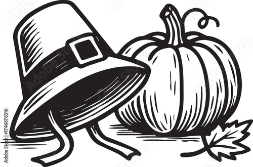A festive Thanksgiving still life features a classic Pilgrim hat and a ripe pumpkin, accompanied by a fallen leaf, rendered in a vintage style.