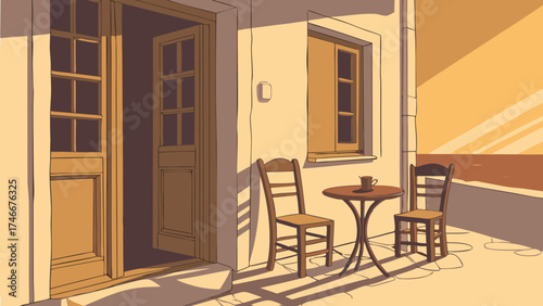 Sunny Patio Scene with Table and Chairs Calm Mediterranean Vibes Summer Relaxation Illustration.