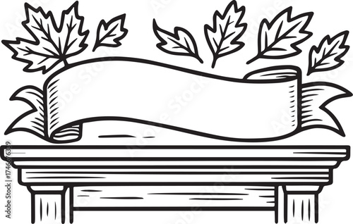 An elegant banner is placed atop a classic wooden ledge, accompanied by intricate leaf details, all rendered in a clean, black and white design. 