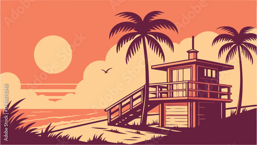 Sunset Beach Scene with Lifeguard Tower and Palm Trees.