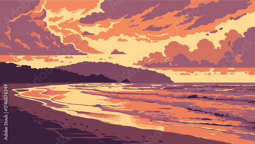 Sunset Beach Landscape Warm Colors Ocean Waves and Coastal Silhouette Illustration.