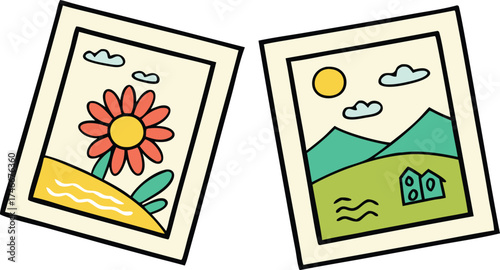 Whimsical framed art prints showcasing nature scenes, adding a touch of playful personality and charm to any space, originally a vector graphic