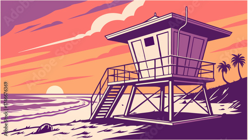 Sunset beach scene with lifeguard tower ocean view and palm trees illustration.
