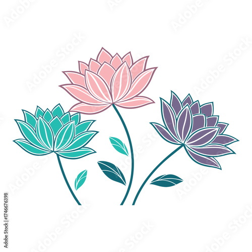 Three stylized blooming lotus flowers in pastel pink teal and purple with delicate green leaves on a white background hand drawn illustration