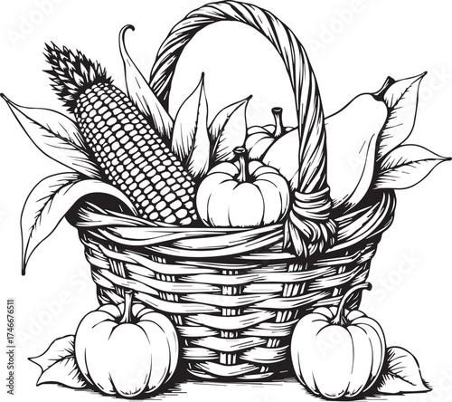 A bountiful harvest basket overflowing with pumpkins, corn, and other seasonal delights, evoking feelings of abundance and the joy of the harvest season. 
