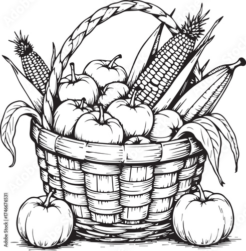 A bountiful harvest basket overflowing with the fresh produce, symbolizing abundance and gratitude. This hand-drawn illustration celebrates the spirit of autumn.