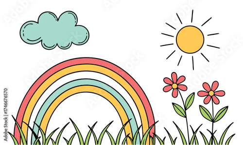 Whimsical hand drawn illustration of a colorful rainbow arching over green grass with a smiling sun and cute flowers under a fluffy cloud