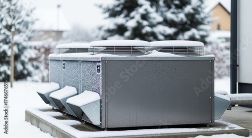 Outdoor heating pump system covered in light snow during winter