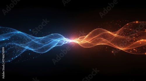 Abstract image of blue and orange waves converging with a bright light in the center against black