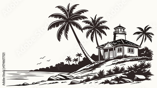 Tropical coastal scene with lighthouse and palm trees black and white illustration vector art vacation summer beach ocean sea coast shoreline seaside tranquil peaceful paradise idyl.