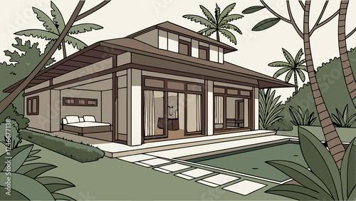 Tropical House Illustration Modern Villa Design with Pool and Lush Greenery.
