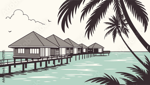 Tropical Overwater Bungalows on Stilts Calm Ocean Palm Trees Vacation Travel Holiday Illustration.
