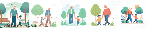 vector of a grandfather and grandson walking hand in hand in the park