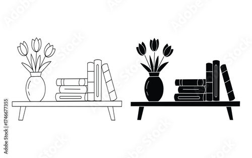 Home decor shelf vector, Flower vase and books design, Minimal interior line art