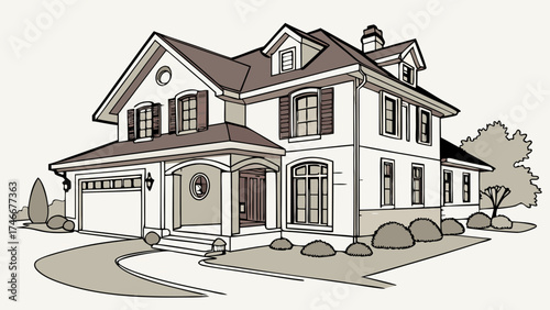 Two-Story House Architectural Drawing Home Design Illustration Residential Building Sketch Real Estate Property Graphic.