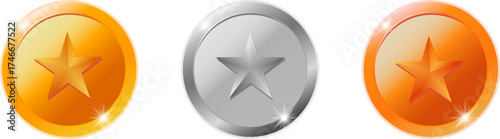 Set of Realistic Gold, Silver, and Bronze Star Medals or Award Badges

