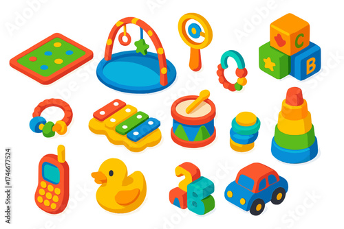 Colorful Baby Toys. Isometric vector illustration set Baby Playtime: crawling mat, play gym, toy arch, rattle, plush blocks,