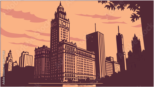 Vintage Cityscape Illustration Tall Buildings Clock Tower Urban Skyline Sunset.