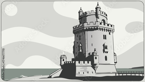 Vintage illustration of a coastal tower grayscale design architectural drawing historical building ocean view travel poster wall art.