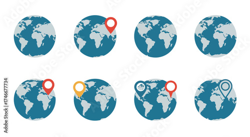 Collection of stylized globe icons with location markers displayed