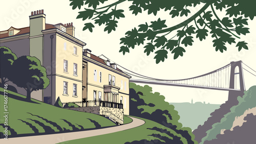 Vintage illustration of a house and suspension bridge idyllic landscape nature scene travel poster design.