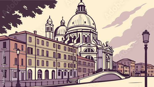 Vintage illustration of European city street scene with canal bridge and dome building.