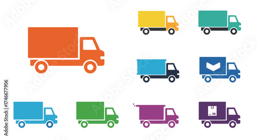Colorful delivery truck icons in various designs and shades displayed clearly