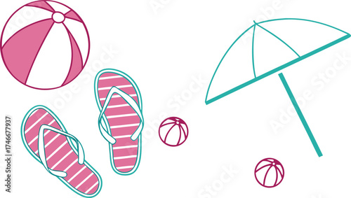 Summer fun with a beach ball, umbrella, and flip flops evokes vacations and leisure, perfect for travel promotions and seasonal designs