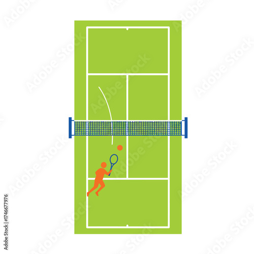 An overhead graphic illustration depicting a dynamic tennis match in progress on a vibrant green court, showcasing a player in action with a ball mid-air.