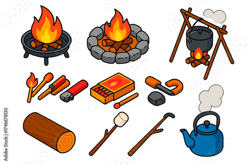 Campfire Essentials Icons. Isometric vector illustration set Campfire Essentials: fire pit, stone ring, tripod stand, cooking pot,