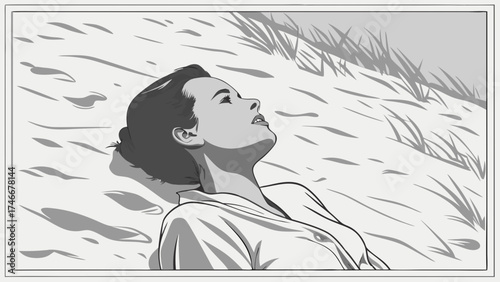 Woman relaxing on sand dune black and white illustration vintage style summer beach seaside peaceful calm tranquil graphic design vector art illustration drawing artwork monochrome.