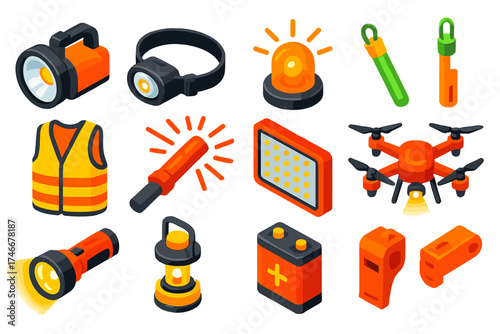 Search and Rescue Lighting Set. Isometric vector illustration set Search and Rescue Lighting: high-power spotlight, headlamp,