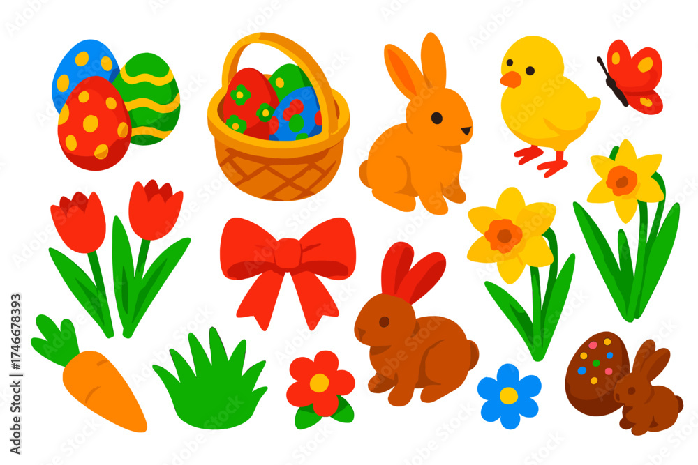 Obraz premium Easter Morning Icons. Isometric vector illustration set Easter Morning Kit: painted eggs, basket, bunny, chick, tulips, daffodils,