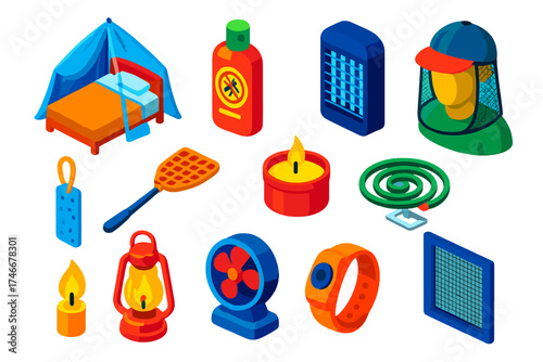 Nighttime Insect Defense Essentials. Isometric vector illustration set Nighttime Bug Protection: bed mosquito net, repellent