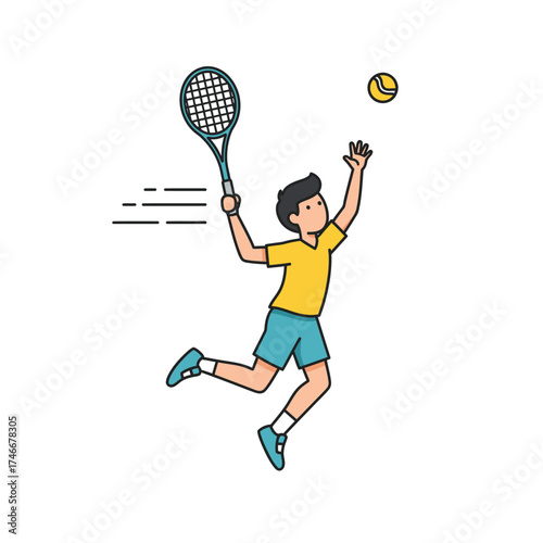 A young boy in a vibrant yellow shirt and blue shorts jumps high to serve a tennis ball with his racket, illustrating active sports and a healthy lifestyle.